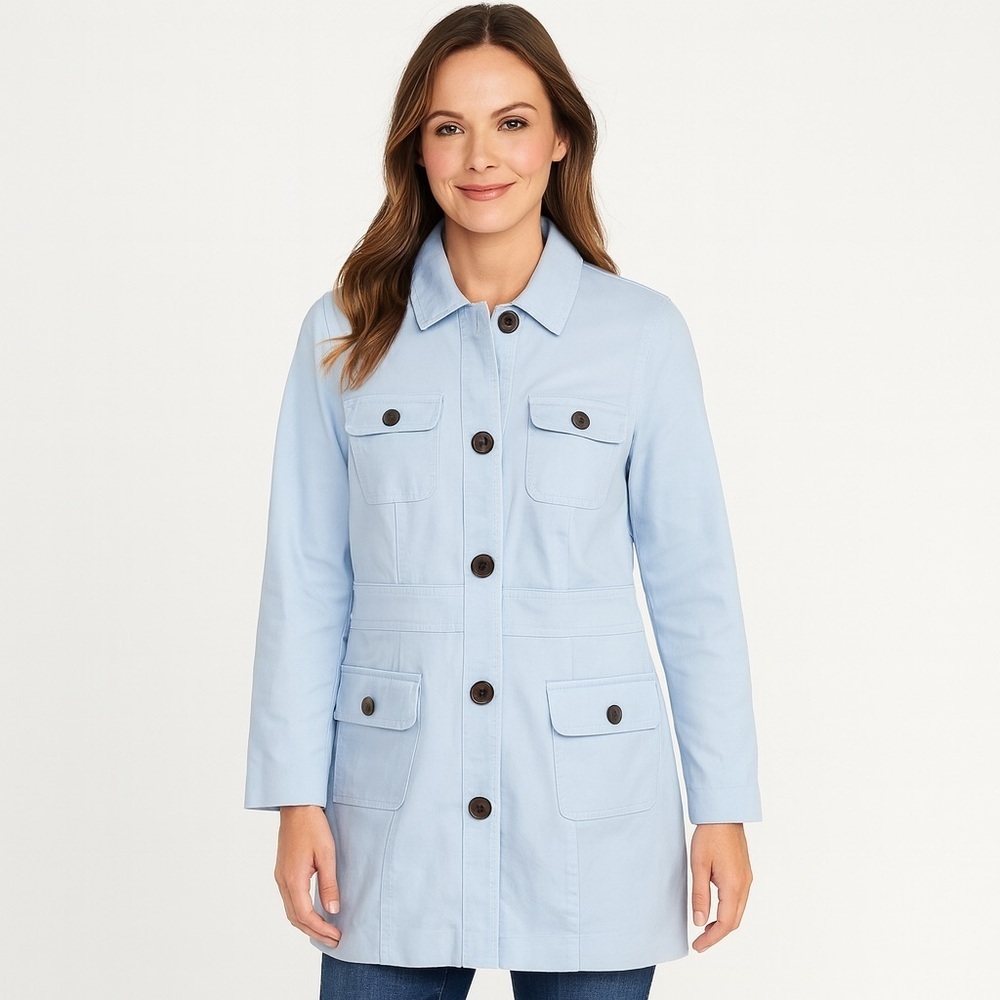 NWT Sigrid Olsen Light Blue Utility Jacket with Button Front & Pockets Size S